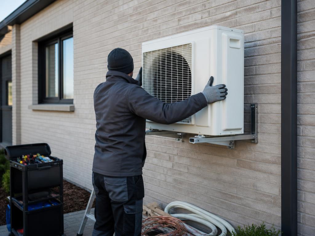 Installateur plaatst buitenunit